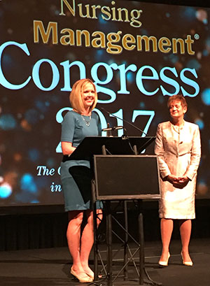 Maureen Maurano accepts the 2017 Richard Hader Visionary Leader Award at the Nursing Management Congress 2017.