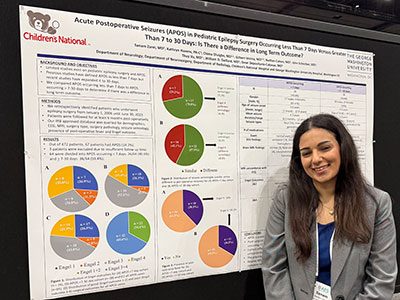 Sanam Zarei, M.D., Children’s National Hospital Neurology fellow, presenting a poster at AES 2024.