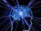 Abstract head silhouette with a glowing geometric brain and blue electric lines, representing neural activity.