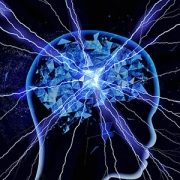 Abstract head silhouette with a glowing geometric brain and blue electric lines, representing neural activity.