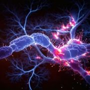 3d rendered image of neurons with electrical pulses