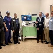Children’s National physician-scientists Chima Oluigbo, MD, Hasan Syed, MD, and Roger J. Packer, MD, welcomed the new NaviFUS focused ultrasound system alongside NaviFUS Corp. founder Hao‑Li Liu, PhD, Chief Executive Officer Arthur Lung, PhD, and Clinical Applications Manager David Moore.