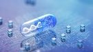Illustration of a transparent blue capsule resting on a digital circuit board, with a DNA double helix and data-like code visible inside the capsule, symbolizing the intersection of genetics, medicine and technology.
