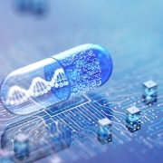 Illustration of a transparent blue capsule resting on a digital circuit board, with a DNA double helix and data-like code visible inside the capsule, symbolizing the intersection of genetics, medicine and technology.