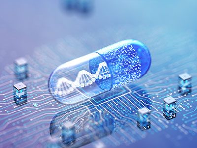 Illustration of a transparent blue capsule resting on a digital circuit board, with a DNA double helix and data-like code visible inside the capsule, symbolizing the intersection of genetics, medicine and technology.
