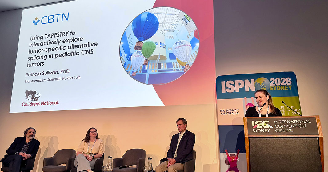 Patricia Sullivan, PhD, presents research on TAPESTRY, an interactive platform designed to explore tumor-specific alternative splicing in pediatric CNS tumors.